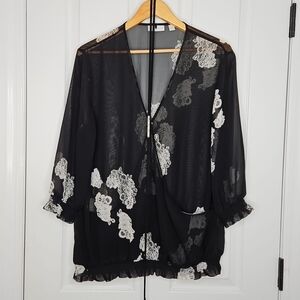 Vintage 90s Y2k Sheer Black White Floral Smocked Fitted Top XL Whimsigoth Grunge